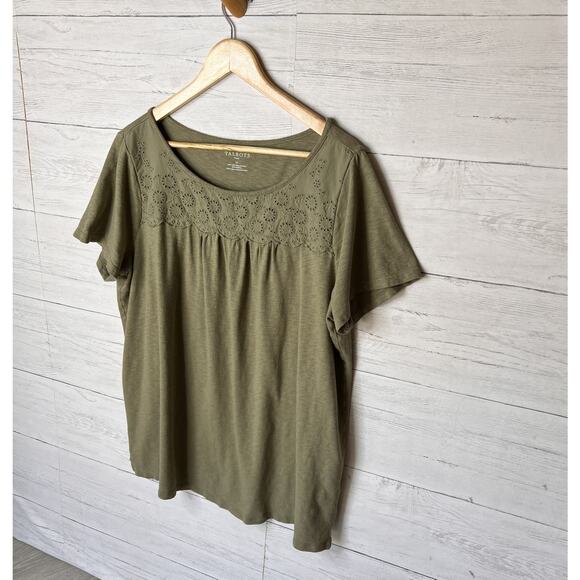 Talbots Top Womens Size 1X Sage Green Eyelet Trim Tee Floral Plus Size Cotton - Picture 4 of 15
